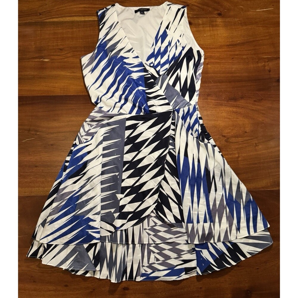 Banana Republic Women Dress 4 Blue White Abstract Wrap V-Neck Ruffle Sleeveless
